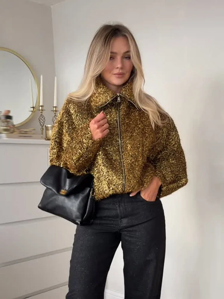 

HH Women Fashion Metallic Color Line Pockets Turn-down Collar Long Sleeve Jacket Female Autumn Casual Zipper Pilot Coat Mujer