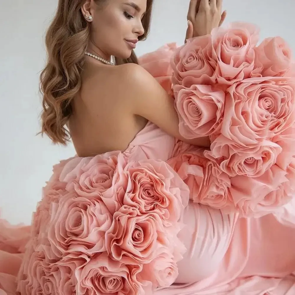 Gorgeous Pink Prom Gowns Organza Rose Cape Mermaid Formal Dress Layered vestido de noiva Sweetheart Floral Long Evening Gown