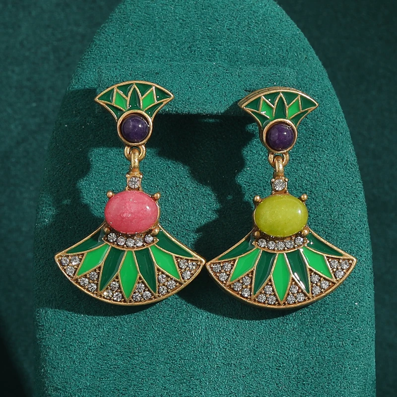 Vintage Fashion Jewelry Brands - Vintage Green Sector Enamel Drop Earrings
