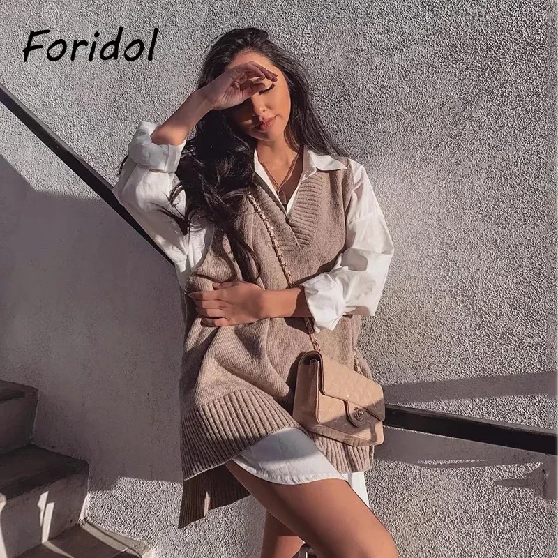 Foridol V Neck Sleeveless Long Waistcoat Women Autumn Winter Sweater Vest Oversized Casual Office Streetwear Gray Vest Pullover