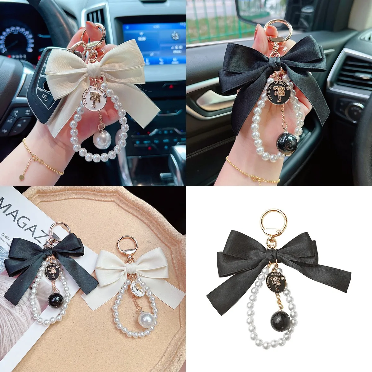 Porte-clés tendance avec grand nœud et chaîne de perles pour femme – Anneau pour clés de voiture, breloque pour sac à main, pendentif de sac personnalisé