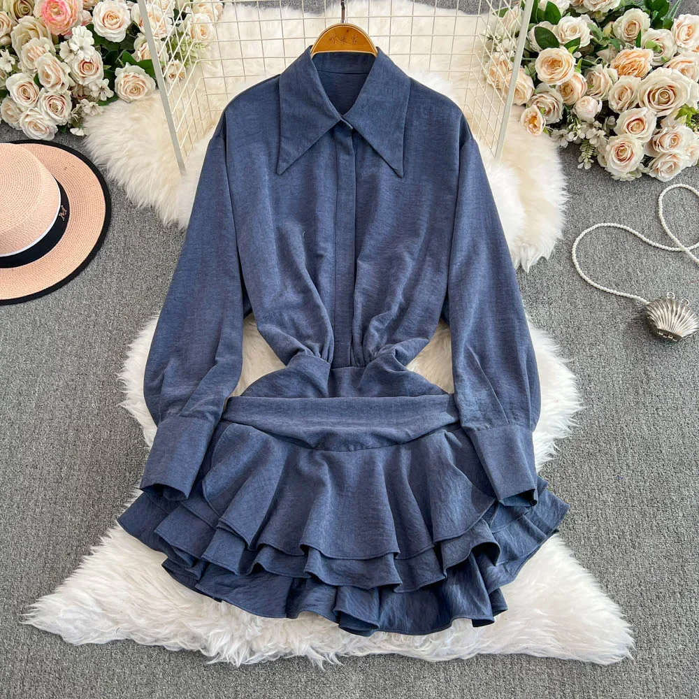 

SuperAen Korean Style Patchwork Sweet Ruffled Solid Color Short Dress Autumn Design Lapel Collar A-line Dresses