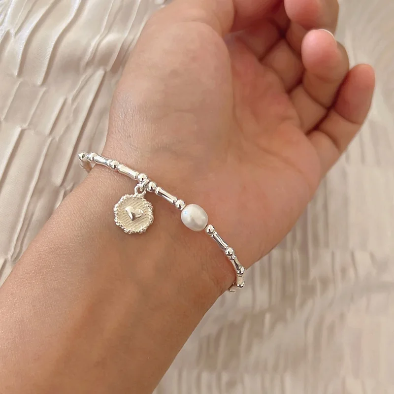 Luxury 925 Sterling Silver Bracelet Pearl Knot Bracelets For Women Korean Design Heart Pendant Charm Bracelet Party Jewelry Gift