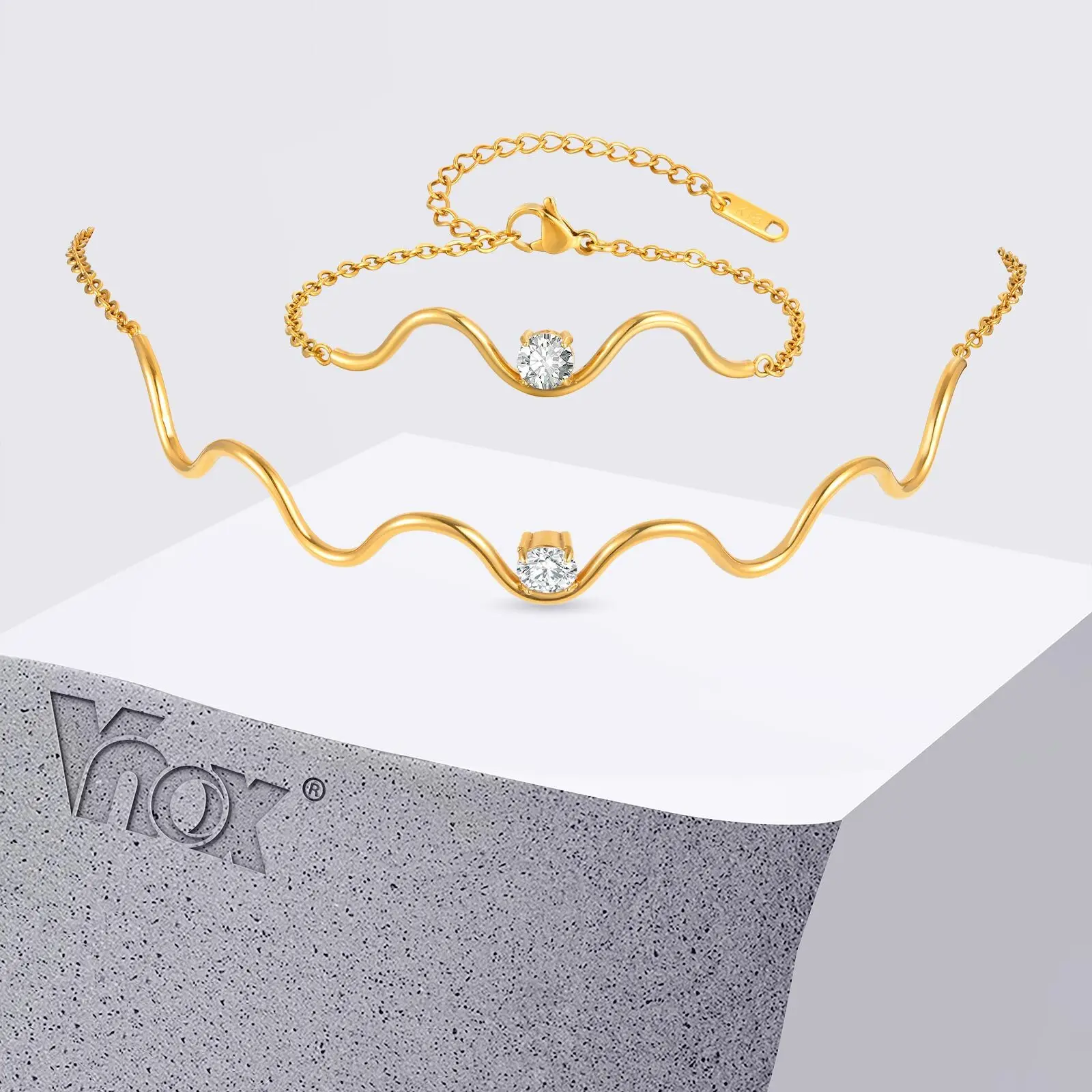 

Vnox Minimalist 18K Gold Plated Wave Shape Bracelet Necklace Dainty ZC Stone Stainless Steel Adjustable Chain Trendy Jewelry