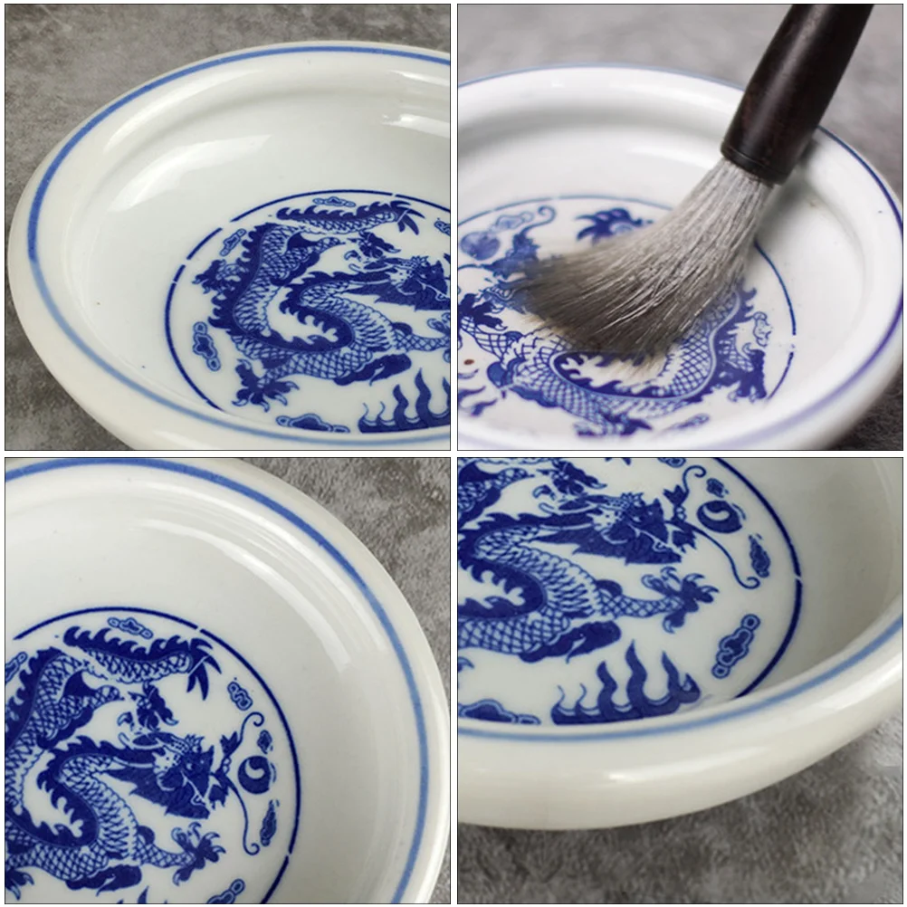 

Ceramic Ink Saucer Dragon Pattern Practical Ink Brush Washing Tray Durable Ceramic Pigment Dish Calligraphy Accessory