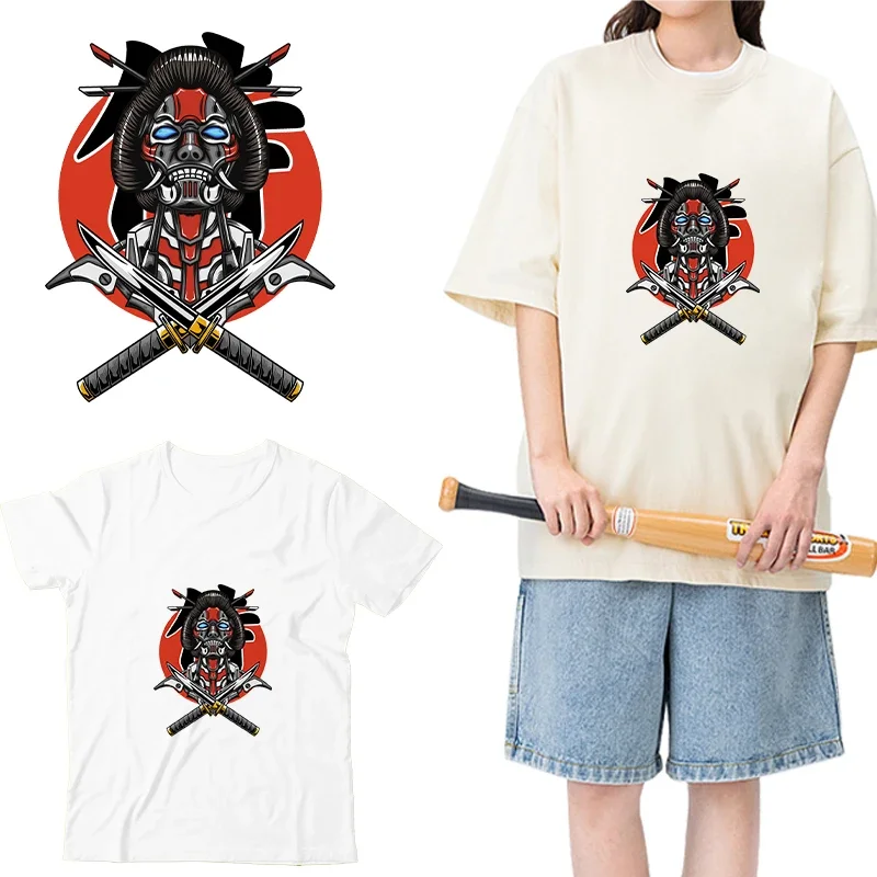 Cartoon Japanese samurai demon DTF Thermo Sticker Decals Heat Transfer On Clothes Iron On Patch For Hoodies Press Printing