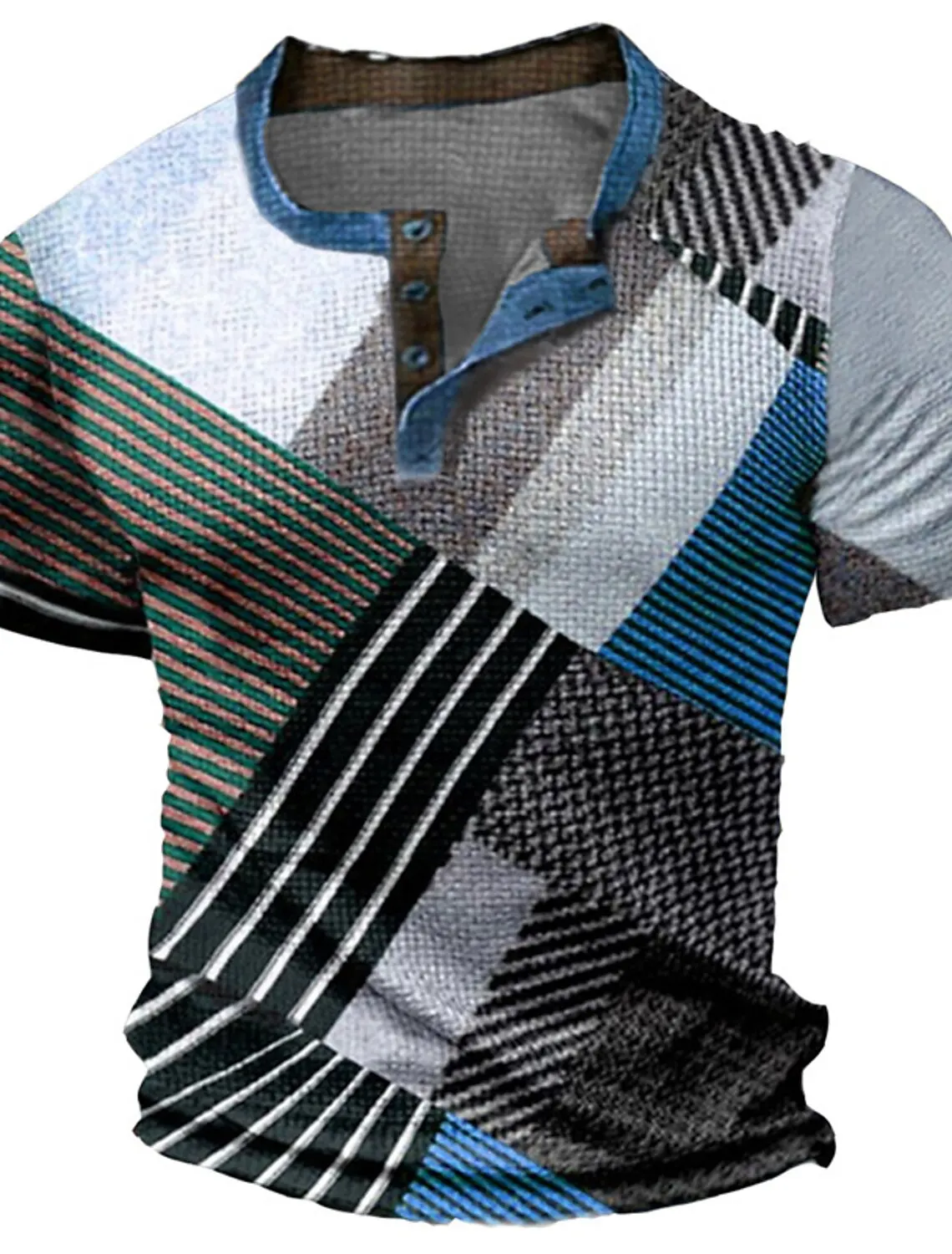 Sommer Vintage Herrenhemd mit Kreuzmuster, Kurzarm, Lässiger V-Ausschnitt, Knopfleiste, Übergroßes Herren-Patchwork-T-Shirt, Karierte Oberteile, Streetwear – Detail 9