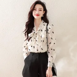 Women Clothing Fashion Chic Chiffon Top  Spring Autumn Printing V-Neck Long Sleeve Blouse  Office Lady Bow Stylish casual  tops