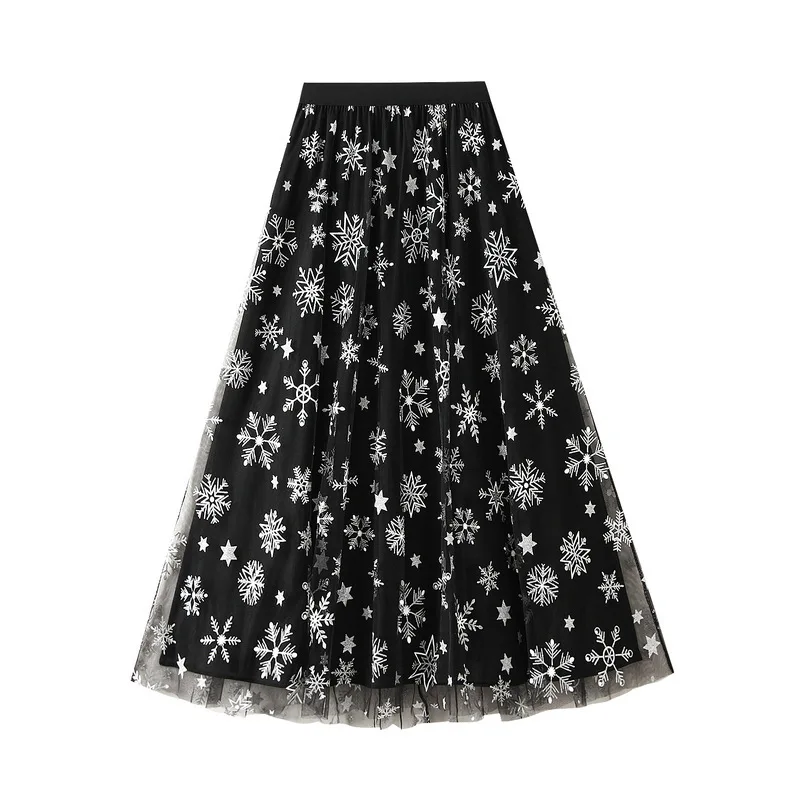 New In 2025 Women's Spring Summer Snowflake Embroidery Mesh A-line Elegant Sweet High Waist Midi Long Skirt