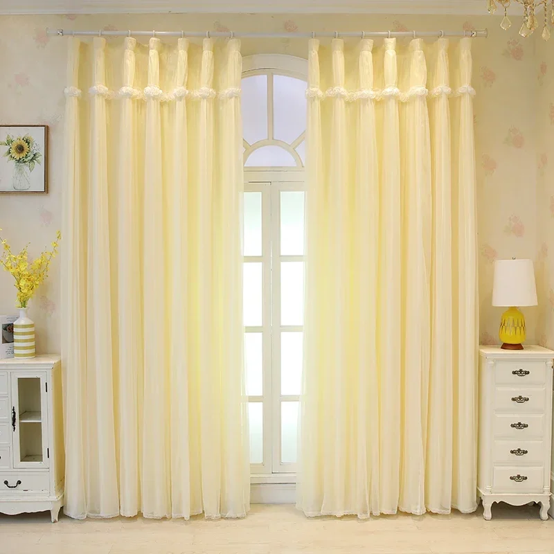 New Korean Children's Curtains for Living Dining Room Bedroom Gauze Yellow Princess Wedding Room Light Permeable Double Layer