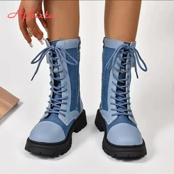Aphixta Retro Lace Up Women Boots Side Zip Modern Boots Women Boots Blue 4CM Square Heel Lady Footwear Shoes botas mujer botines