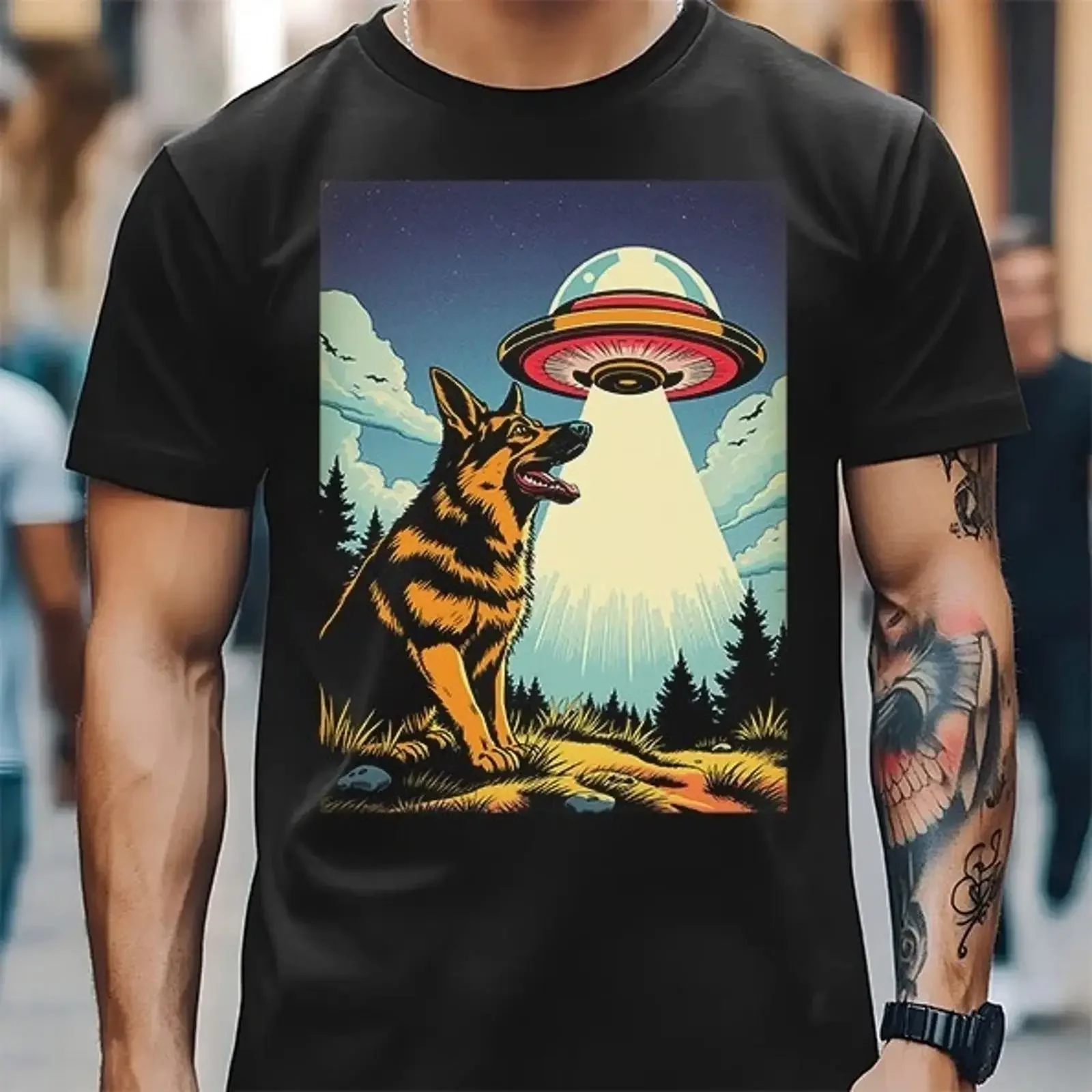 German Shepherd GSD Dog Alien Invasion UFO Poster Art T Shirt Idea Top vintage Washed Breathable Slightly designer clothes