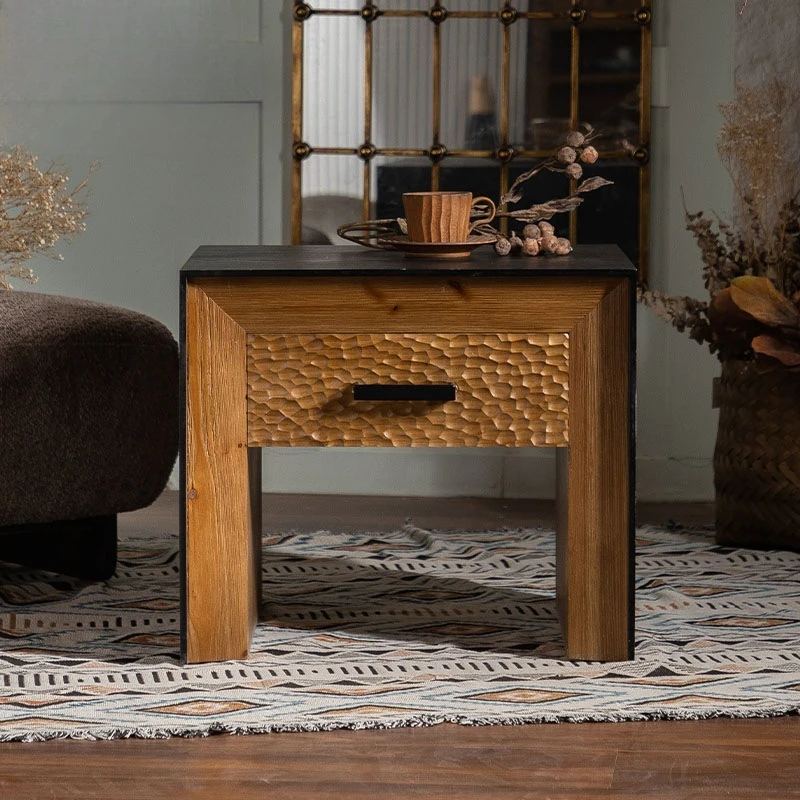 Medieval style solid wood retro balcony flower stand American style homestay bay window carved small tea table bedroom drawer