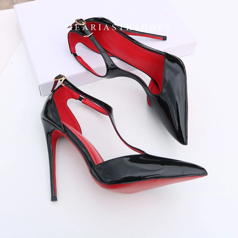 Sexy Red Sole Sandals Pointed-Toe High Heels For Women Stiletto Heel T-Strap Single Buckle Patent Leather Shoes Mature Summer view 4