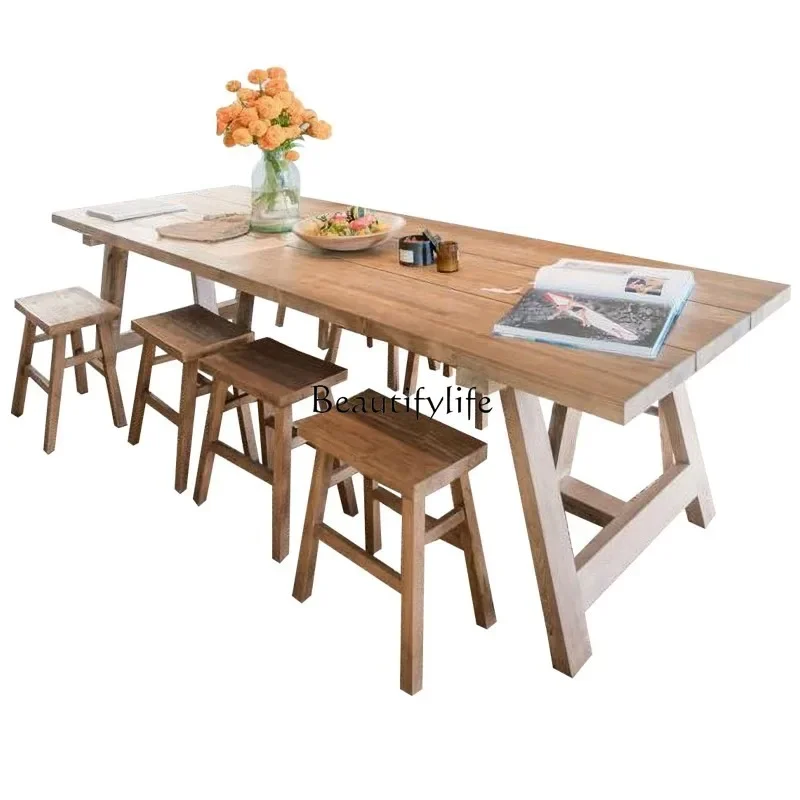 

ls 04American rural retro all-solid wood home dining table, old restaurant square dining table