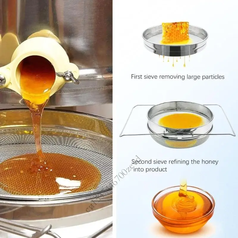 شباك مزدوجة مزدوجة الفولاذ المقاوم للصدأ الفولاذ المقاوم للصدأ مرشح تناسب تربية النحل مع ذراع التلسكوب القابل للتعديل لمدة 5 دلو