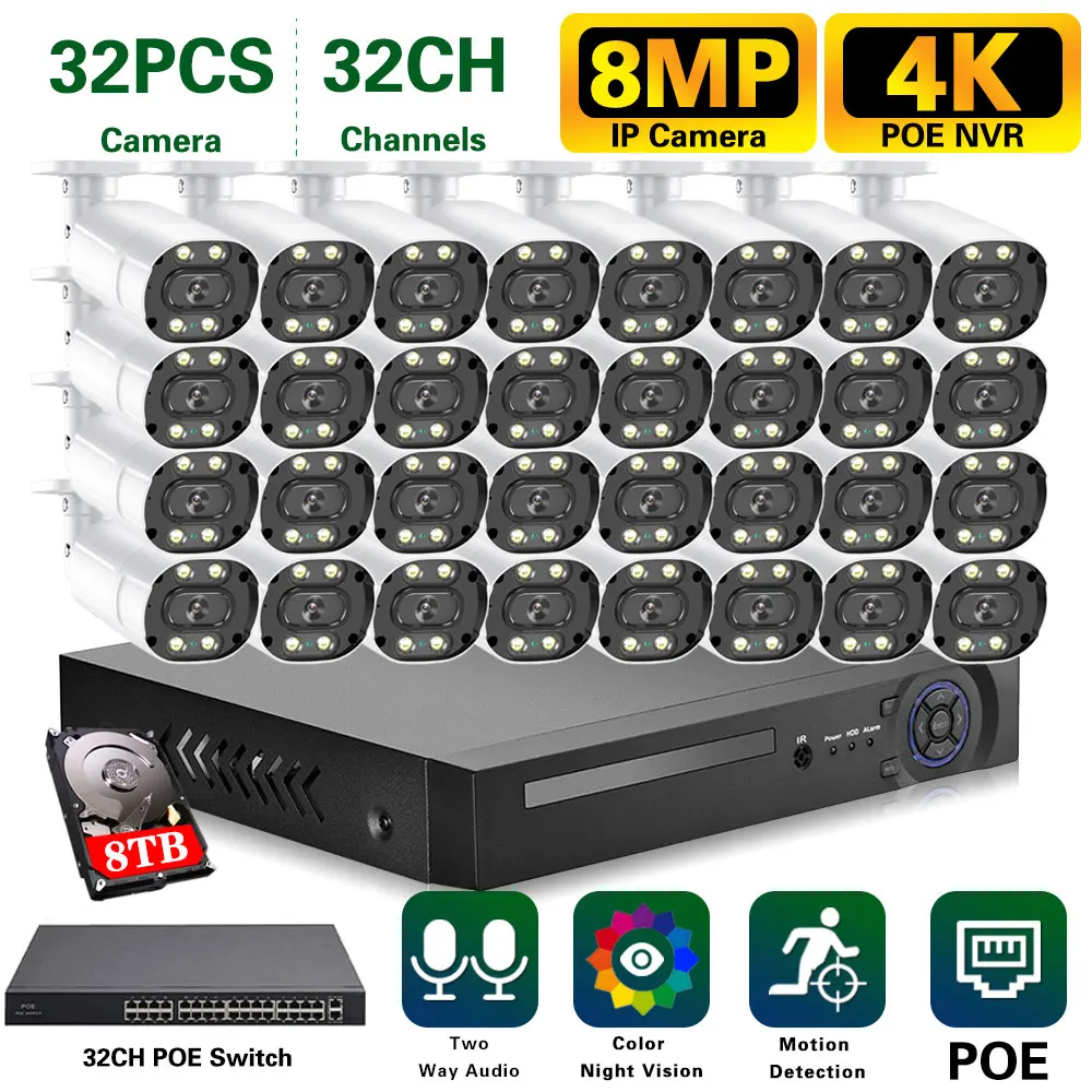 8MP 2 Way Audio Camera Outdoor Color Night CCTV IP Bullet Camera Video Surveillance Security System 32CH 4K POE NVR Kit 16CH