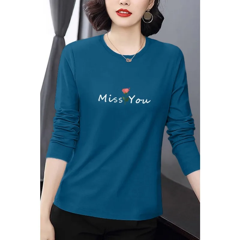 Women Spring Cotton Crew Neck Long Sleeve T Shirt Miss You Rose Print Loose Plus Size Mom Basic Top