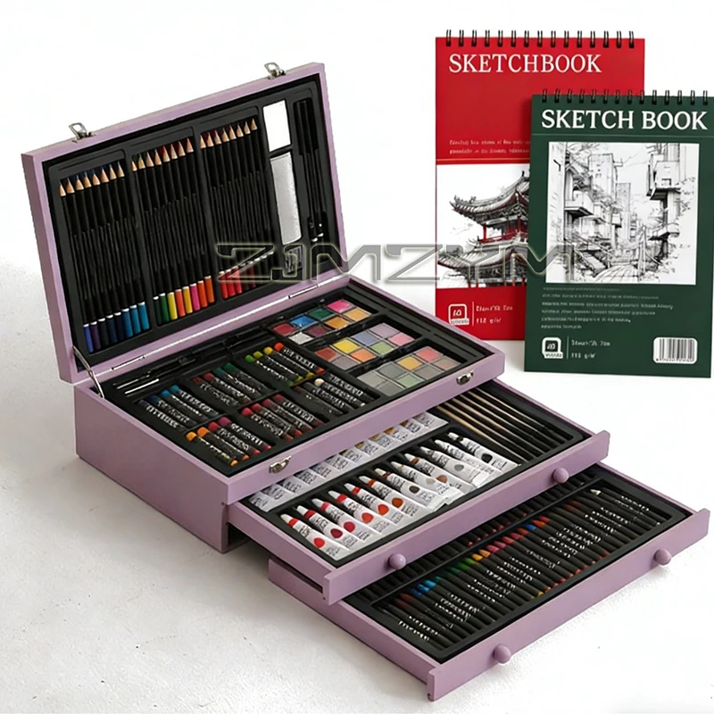 175-Piece Deluxe Wooden Art Set with Paintbrushes & Notebook Professional Art Toolbox for Artists, Students & Beginners