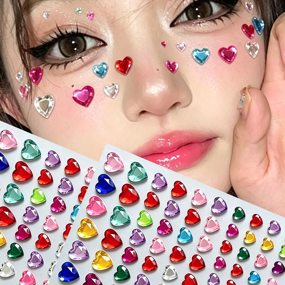 2Pcs Multicolor Heart Face Gem Stickers 3D Colorful Love Crystal Rhinestone Face Jewel Decal Festival Party Makeup Diamond Slide