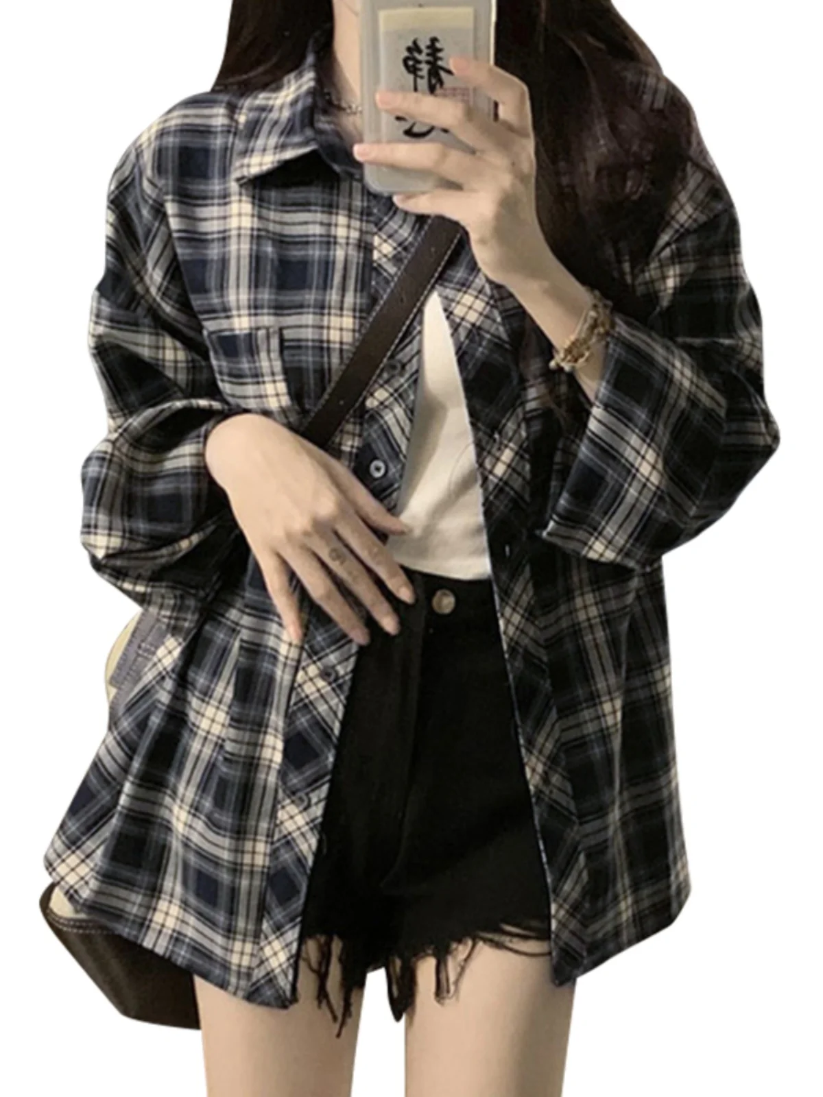 Retro American Plaid irt Jaet Women's Loose Casual Versatile Long Sve  Collar Top for Autumn New Arrival