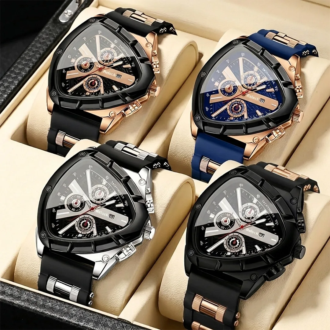 KAIRIS Men's Quartz Chronograph Watch Triangle Dial Blue Silicone Strap Rose Gold Black Sport Wristwatch