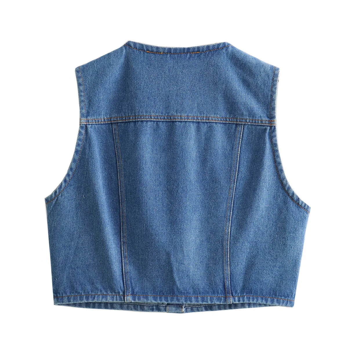 TRAFZA Women Summer New O Neck Sleeveless Dew Shoulder Street Style Solid Vest Single-Breasted Pocket Decorated Denim Vest Mujer