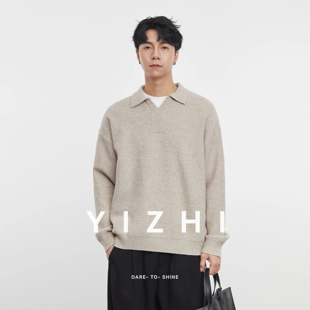 

Fashion Men's Solid Color Lapel Sweater 2025 Spring and Autumn New Heavy Casual Loose Knit Long Sleeve Top Men's Polo Sweater