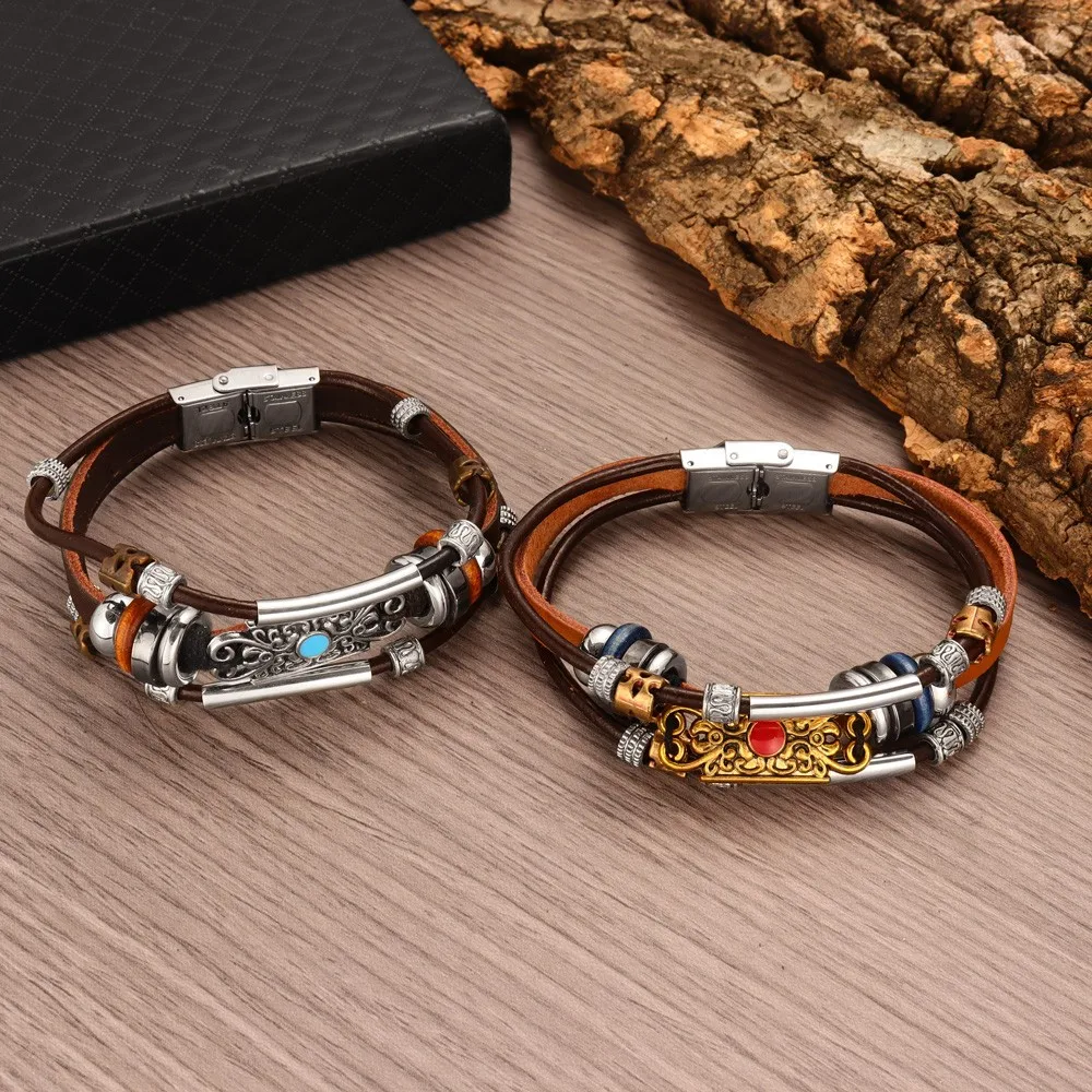 

Hollow Out Alloy Plate Multilayer Handmade Wove Leather Bracelet Vintage Men Casual Fashion Hand Chian Jewelry Accessory Gift