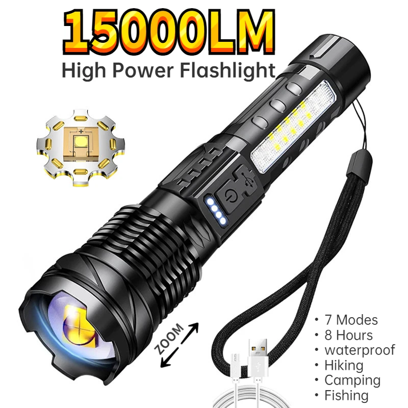 Outdoor Portable Strong Flashlight USB Charging Lighting 2600mAh White Laser Torch with COB Work Light Fishing Camping Lamp