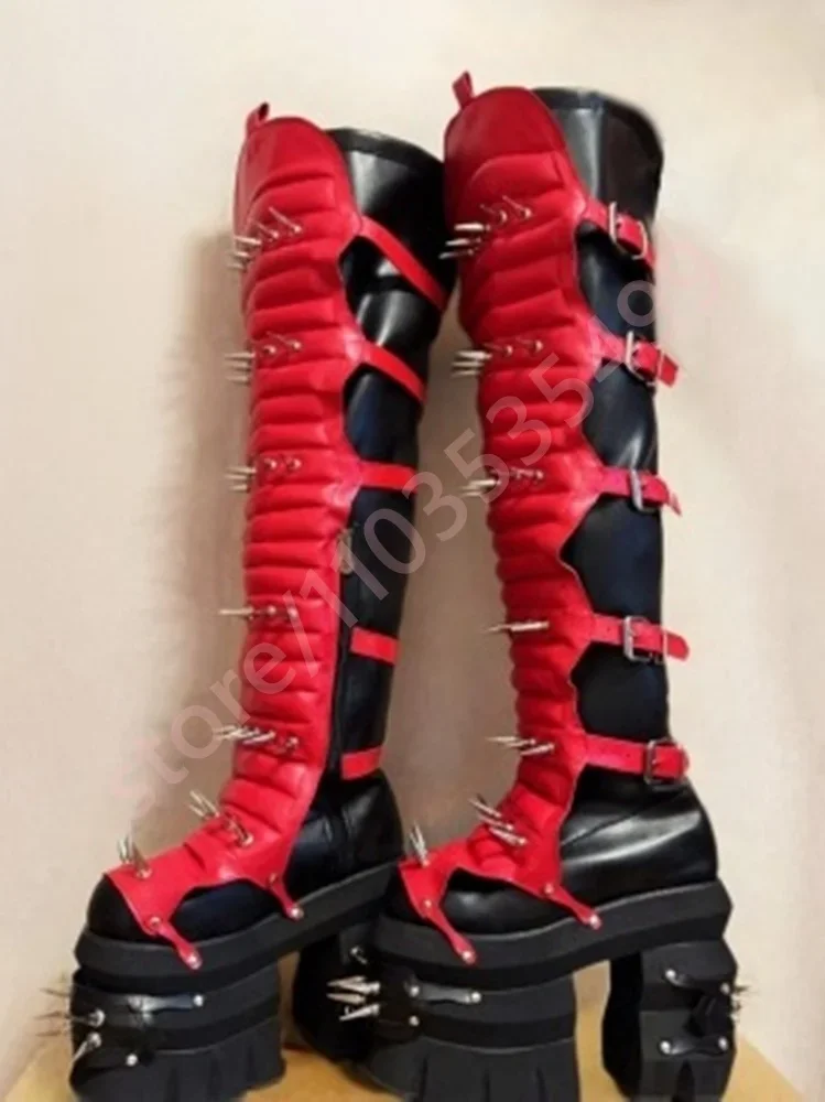 Y2K Tank Punk Rivet Overknee Boots plus Size High Heel Knight Fashion Party Motorcycle Long Boots round Thick 2026 New