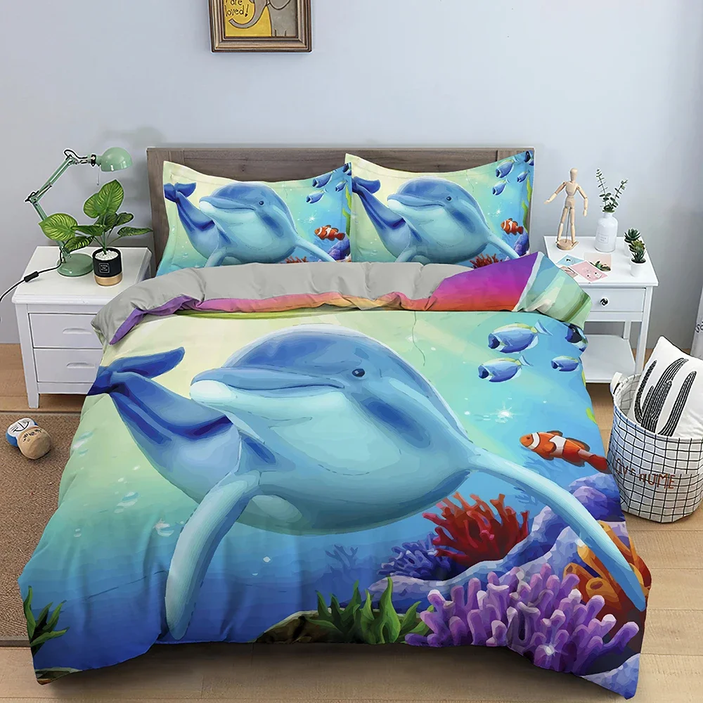 Cartoon Dolphin Duvet Cover King Queen Size Lovely Ocean Animals Bedding Set Kids Blue Sea World 2/3pcs Polyester Quilt Cover