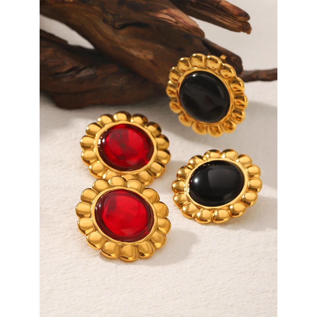 

NovaWay Stainless Steel Gold Plated Red Black Gemstone Stud Earrings Waterproof No Fade for Women Daily Office Party Gift
