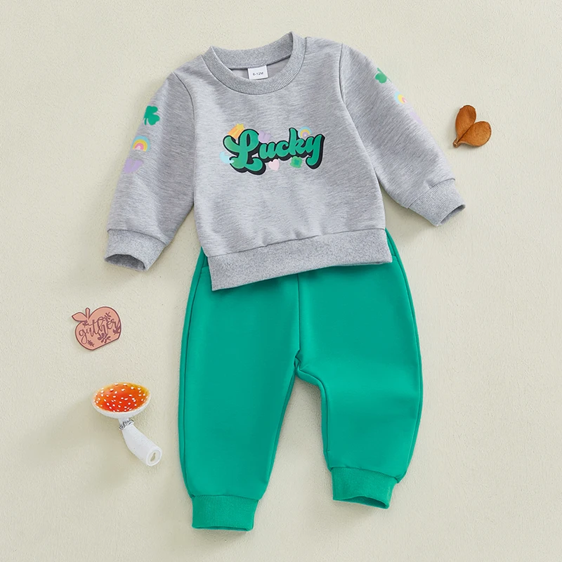 Conjuntos de otoño para niños y niñas, sudadera informal con estampado de letras, manga larga, cuello redondo y pantalones largos lisos, para el Día de San Valentín