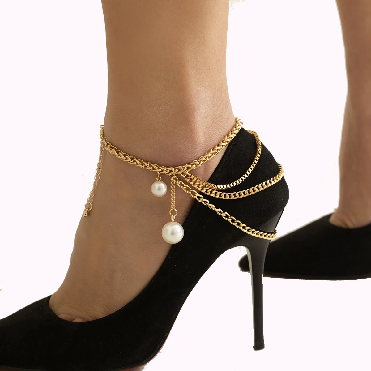 1Pcs Multilayer High Heels Shoe Tassel Chain Foot Ankle Bracelet for Women Crystal Pearl Beach Barefoot Sandals Jewelry