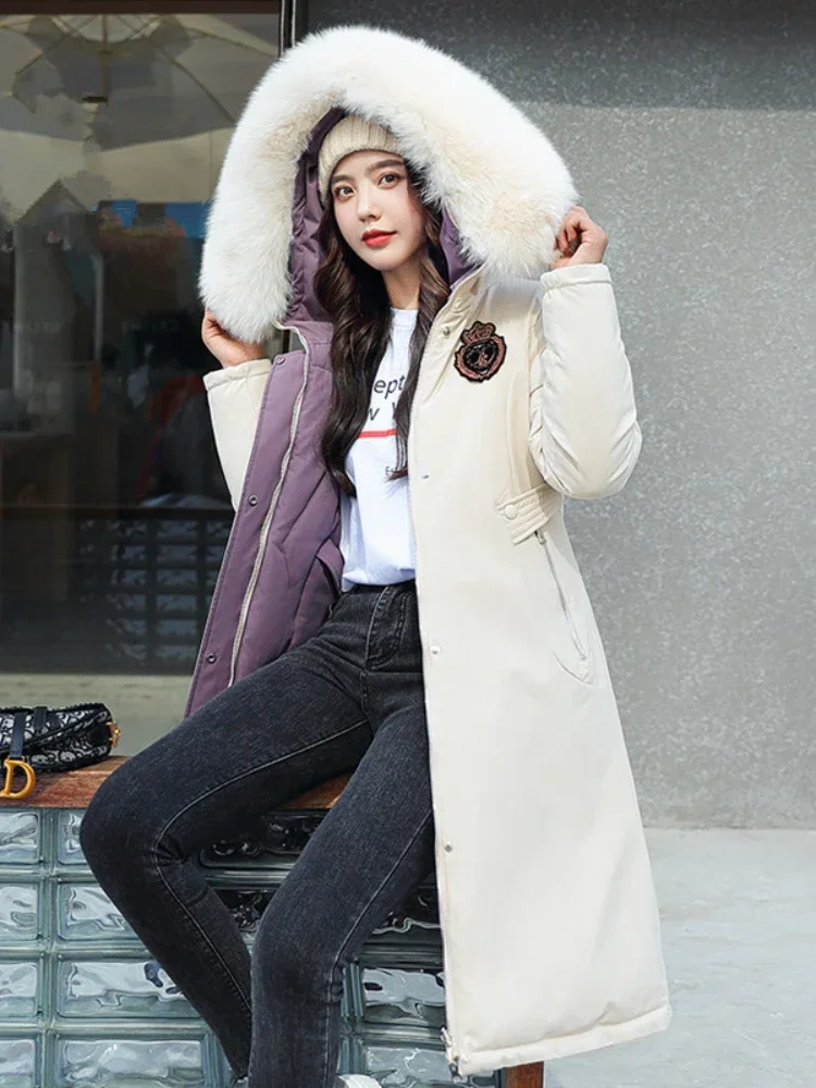 Winter Fashion Hooded Big Fur Collar Padded Long Parkas Down Cotton Warm Coat Waterproof Windbreaker Jacket Wear On Both Sides