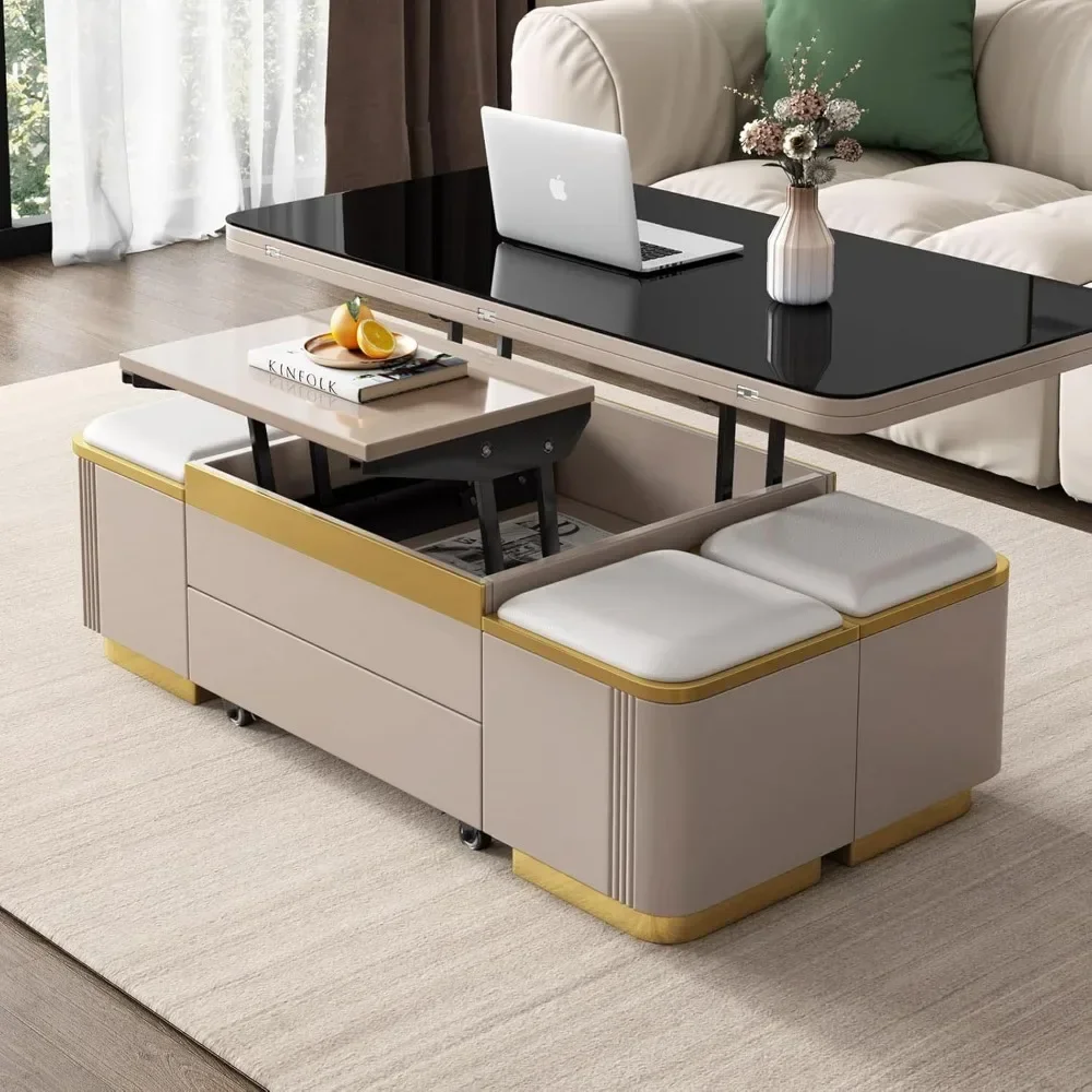 Lift Top Coffee Table with 4 Storage Stools, Lift Tabletop Sofa Table,Multi-Functional Working Table,Low Floor Table