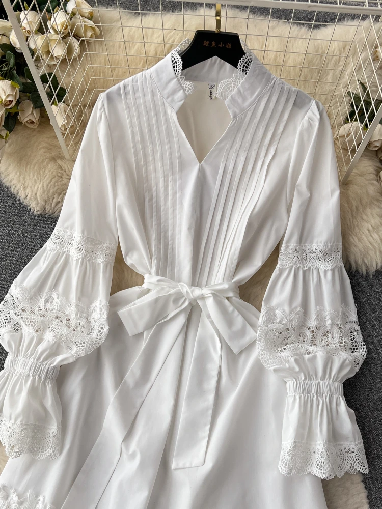 Women Elegant White Pleated Dress Spring Autumn Long Sleeve Fashion Patchwork Lace Dresses Ladies Slim A-line Vintage Long Robe