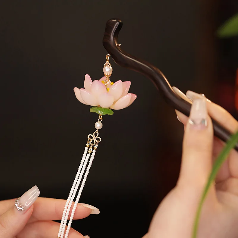 Peach Wood Lotus Imitation Pearl Beaded Hair Sticks for Women Ancient Style Glaze Tassel Hairpin Retro Hanfu Chopstick Headdress