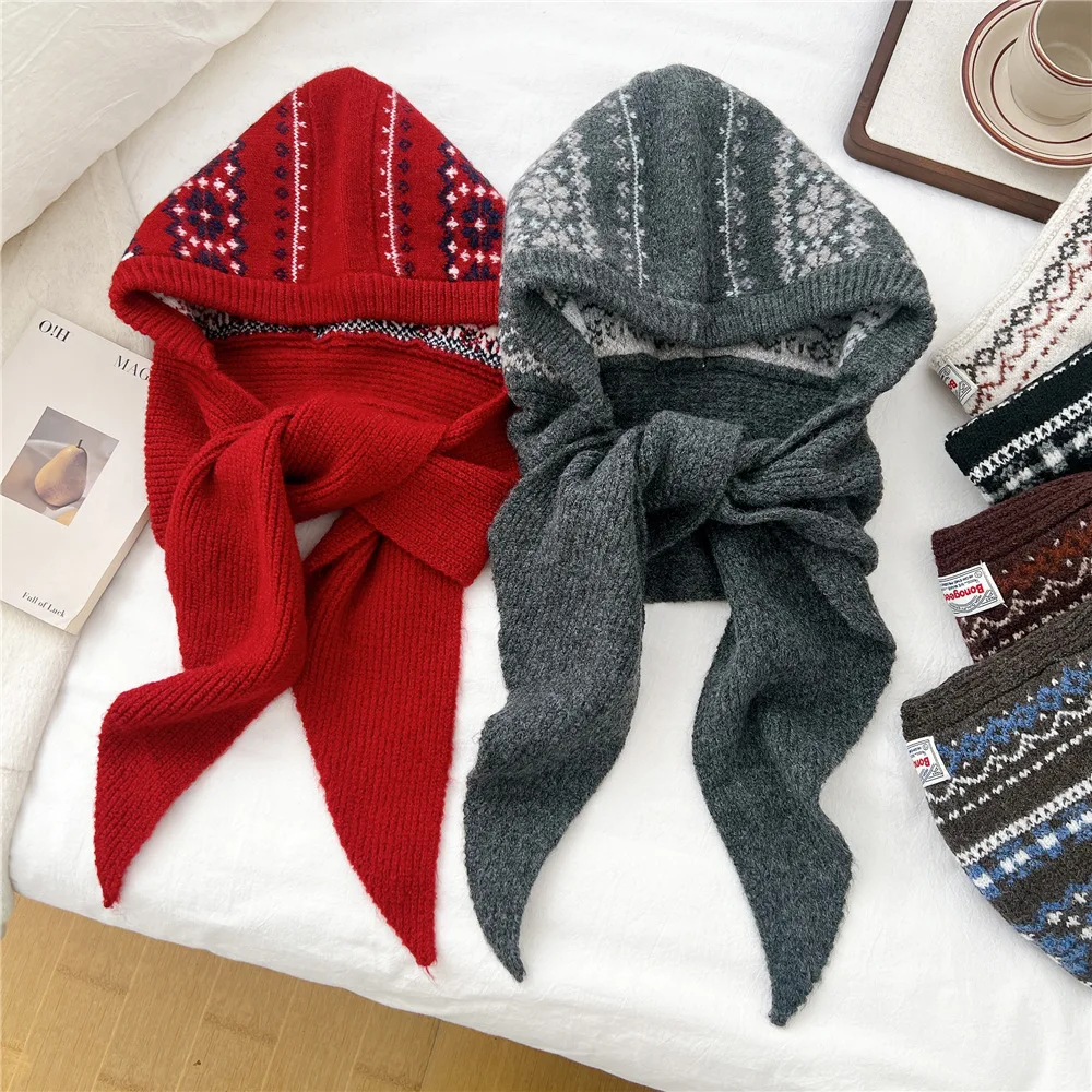 

Шапка-бини с геометрическим рисунком, комбинированная зимняя вязаная шапка-пуловер в корейском стиле, универсальная шерстяная шапка с защитой ушей для мужчин и женщин