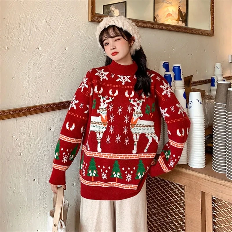 

Red Warm Loose Half High Collar Women Knitted Sweater Women Vintage Fashion Preppy Pullover Korean All Match Sweet Female Tops