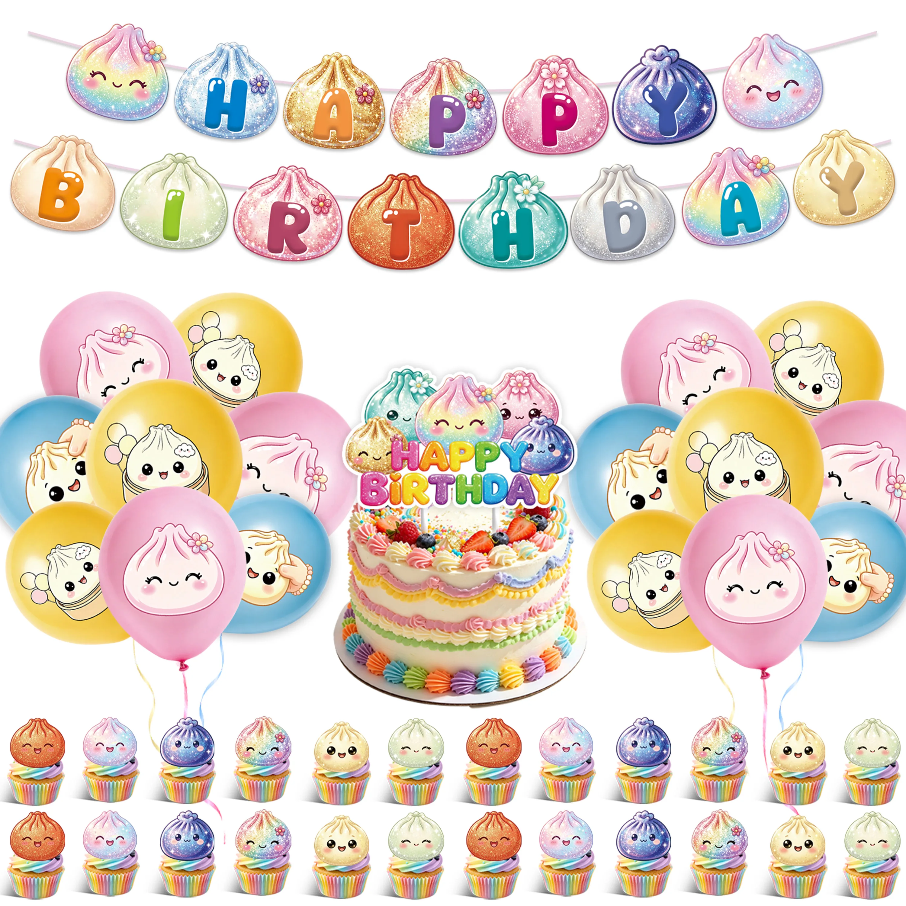 Cute Dumpling Bao Birthday Party Decorations Kit Kawaii Cartoon Happy Birthday Banner Balloons Hanging Swirls Cake Toppers