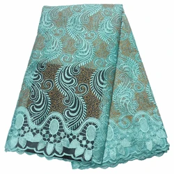 African Lace Fabric French Lace Embroidery Green Tulle Mesh Lace Fabrics With Rhinestones, 5 Yards