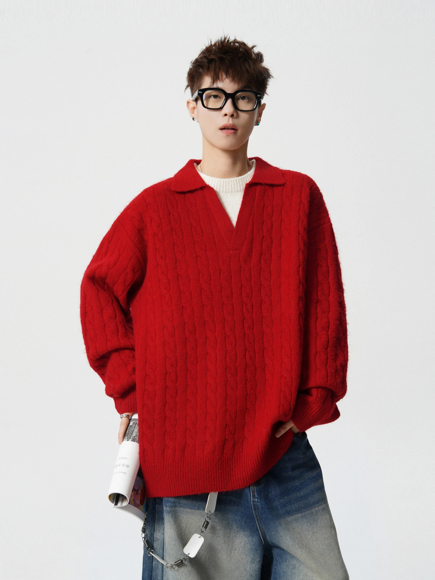 

Red Knitted Sweater ex Loose Casual Sle Vintage Twist Pattern Autumn Winter Faion Couple's Loose Fit Knitwear