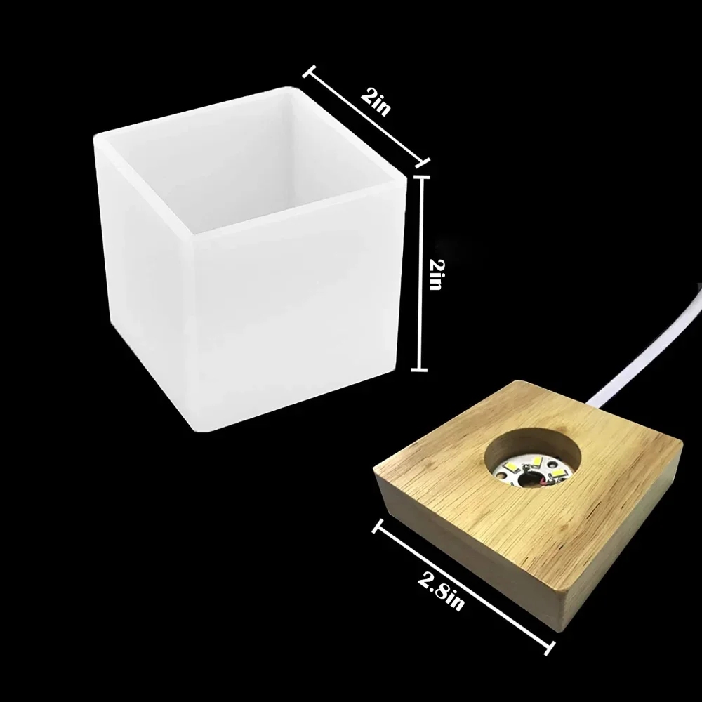 Molde cuadrado de resina LED de luz nocturna, de silicona para DIY, hecho a mano, moldes de resina epoxi con Base iluminada de madera, soporte para exposición de ilustraciones