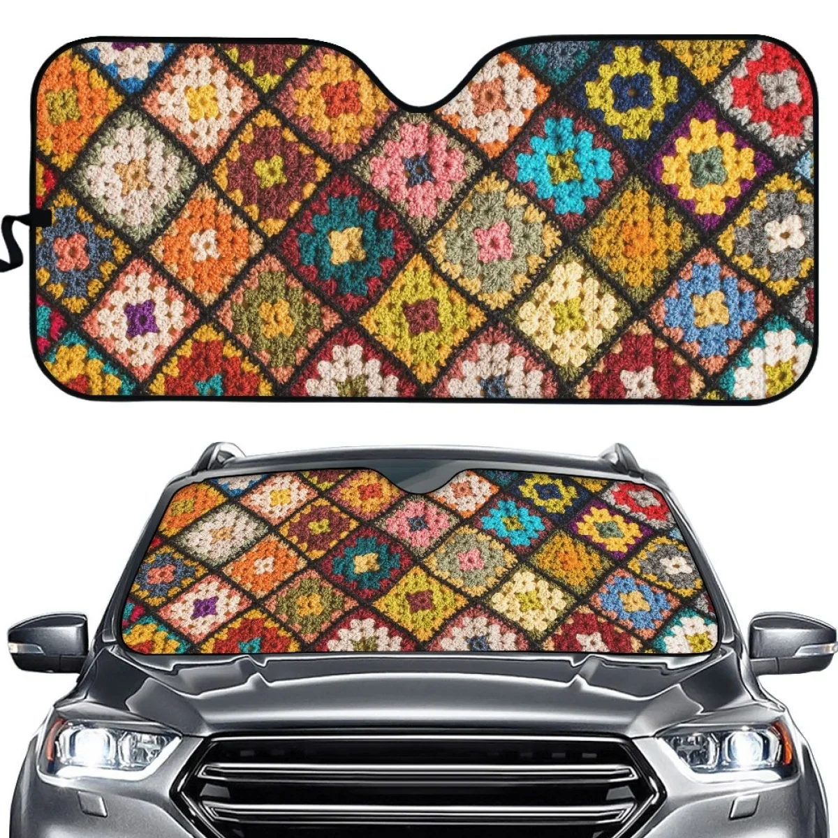 Faux Crochet Granny Squares Car Sun Shade Boho Car Front Sunshade Windshield UV Reflector Foldable Car Accessories