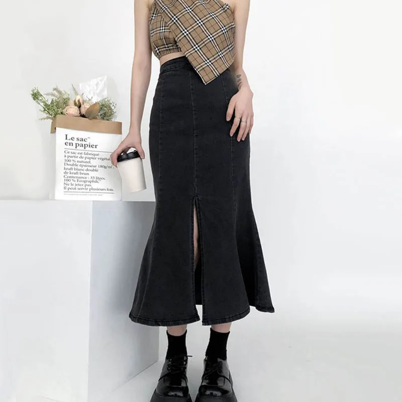 

Women Long Denim Trumpet Skirts Sexy Vintage Splited Fork Hip-wrap 2023 Spring Autumn Female High Waist Stretch Mermaid Skirt