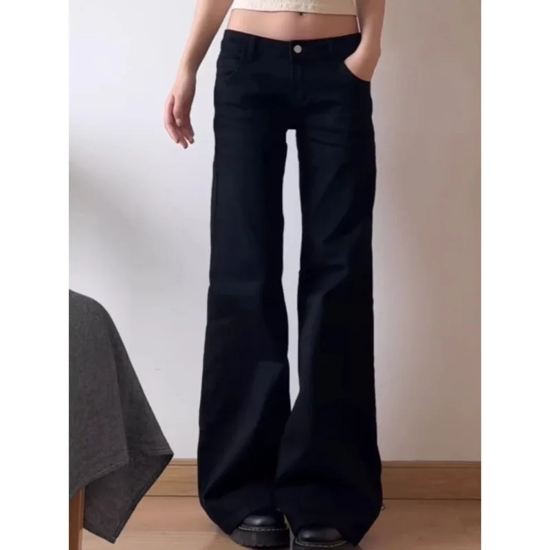 Botvotee Y2K noir taille basse jean évasé lavé Vintage décontracté minimaliste Denim pantalon Grunge couleur unie rue rétro pantalon