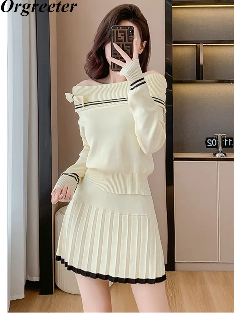 

Autumn Preppy Style Knitted Two Piece Set Women Off Shoulder Pullover Jumper +Pleated Skirt Suits Kniwear 2 Piece Sets