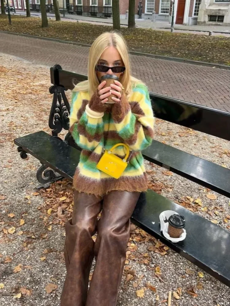 Schicker, farbenfroher gestreifter Damenpullover mit Rundhalsausschnitt, langen Ärmeln, lässiger Strickpullover, 2026 NEU Frühling, locker sitzende Damenpullover – Detail 7